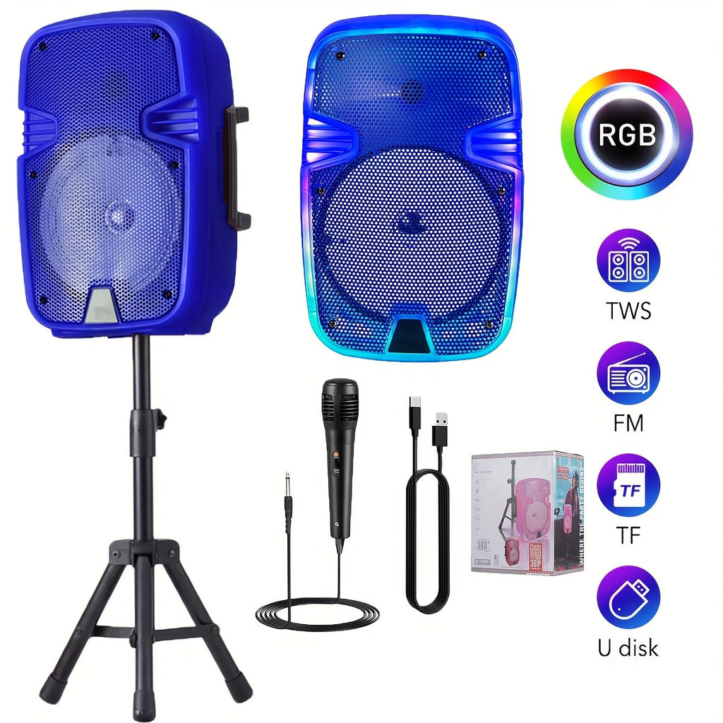 8-Inch RGB Karaoke Party Speaker Set with Tripod Stand, One Wired Microphone and Five Color Options