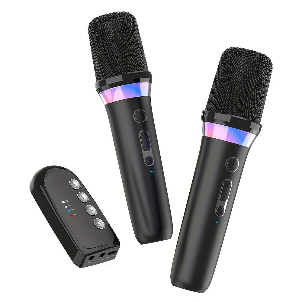 Dual Wireless Karaoke Microphone Kit with Two Handheld Mics, Receiver, RGB Rings and USB-C Charging