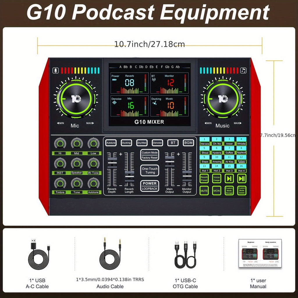 G10 Desktop Karaoke Audio Mixer with Foldable Color Screen, USB-C OTG and 3.5mm Audio Cables