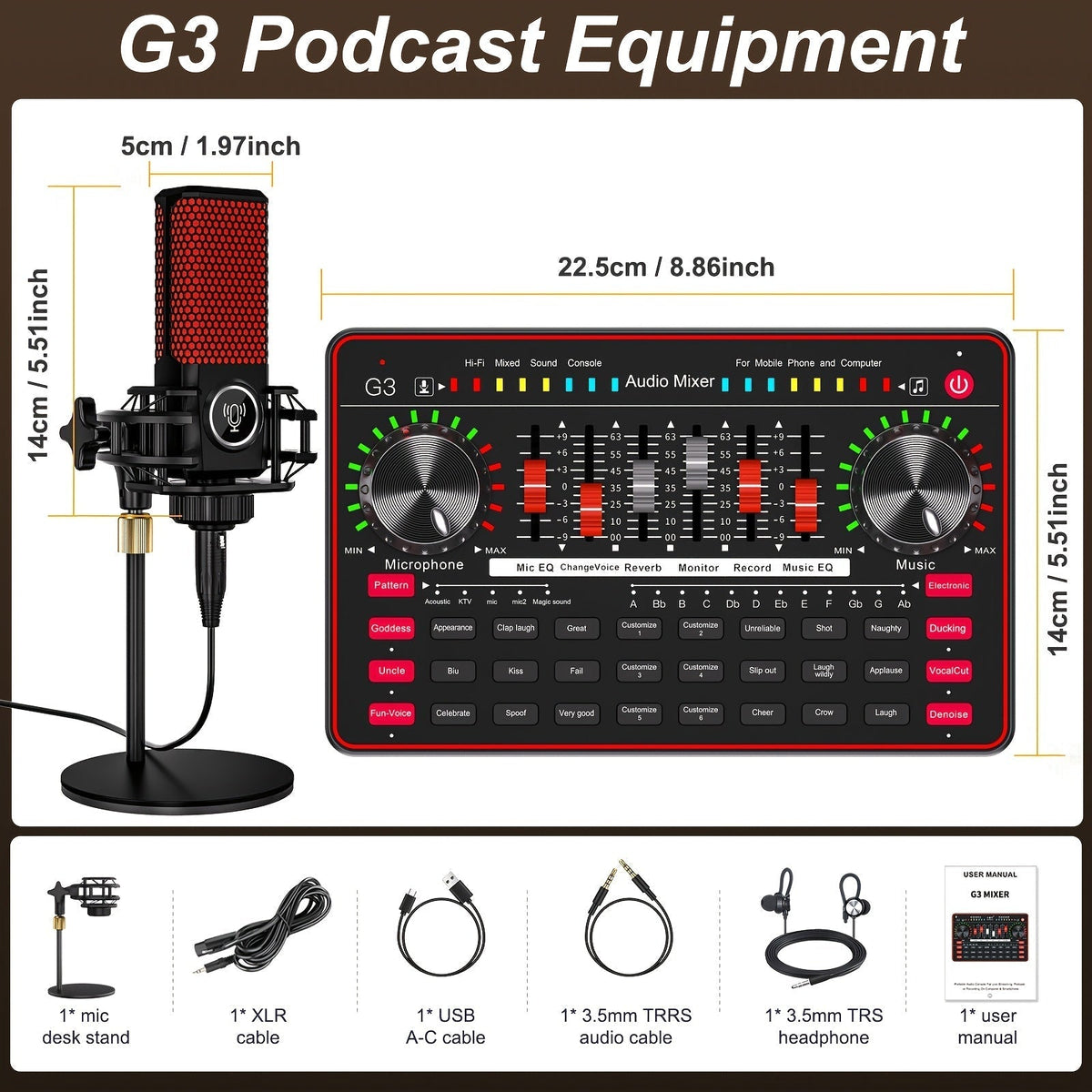 G3 Karaoke Audio Mixer Set with One Condenser Microphone, Desktop Stand, XLR and USB-C Cables