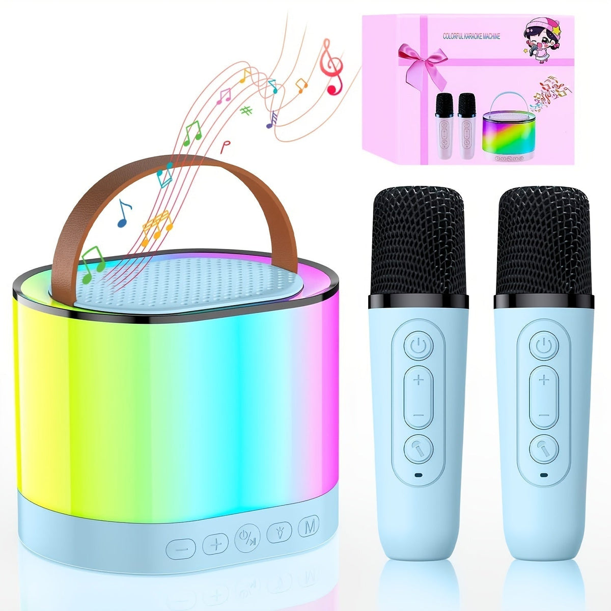 Portable PA Speaker 10W Mini Karaoke Set with Two Wireless Microphones, USB-C Charging and RGB Light