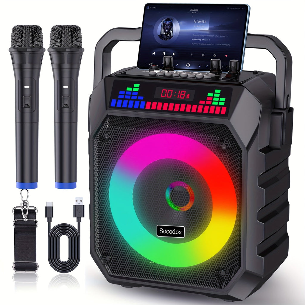 Portable PA Speaker 20W Karaoke System with Two Wireless Microphones, Bluetooth 5.0 and RGB Ring