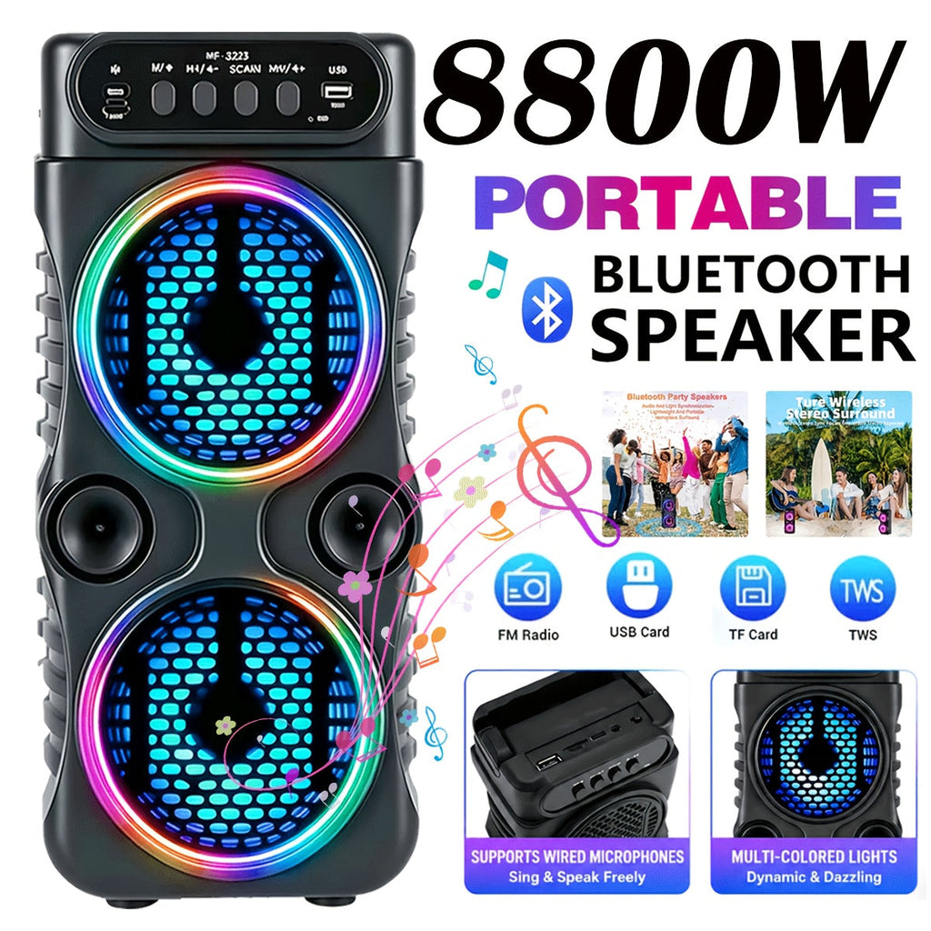 Portable PA Speaker Twin-Ring RGB Wireless Unit with TWS, USB, TF Card, FM Radio and Carry Handle