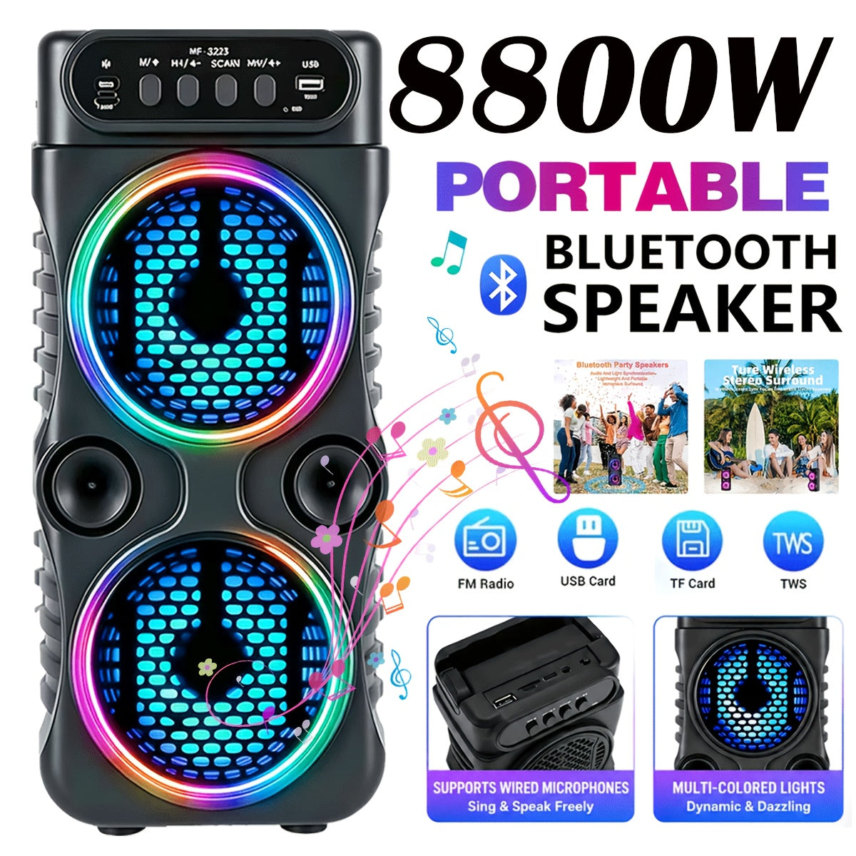 Portable PA Speaker Twin-Ring RGB Wireless Unit with TWS, USB, TF Card, FM Radio and Carry Handle