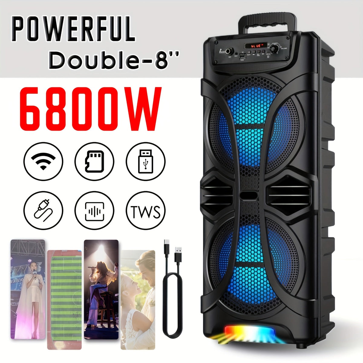Portable PA Speaker Dual 8-Inch RGB Rolling System with TWS, USB, Microphone Input and Carry Handle