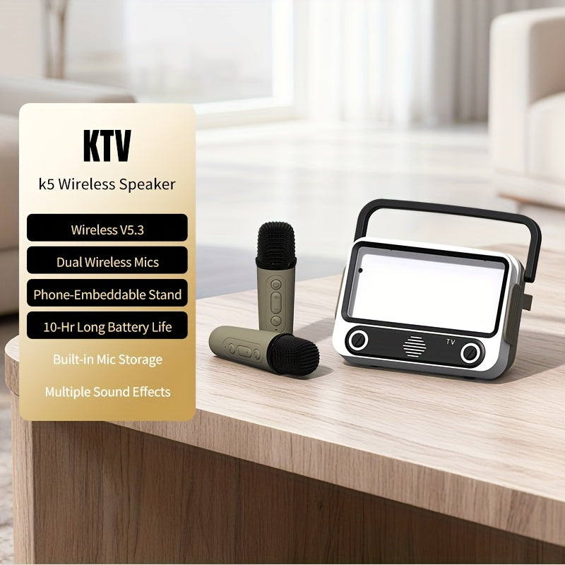 Portable PA Speaker K5 Karaoke Display Unit with Two Wireless Microphones, FM Radio and Phone Holder