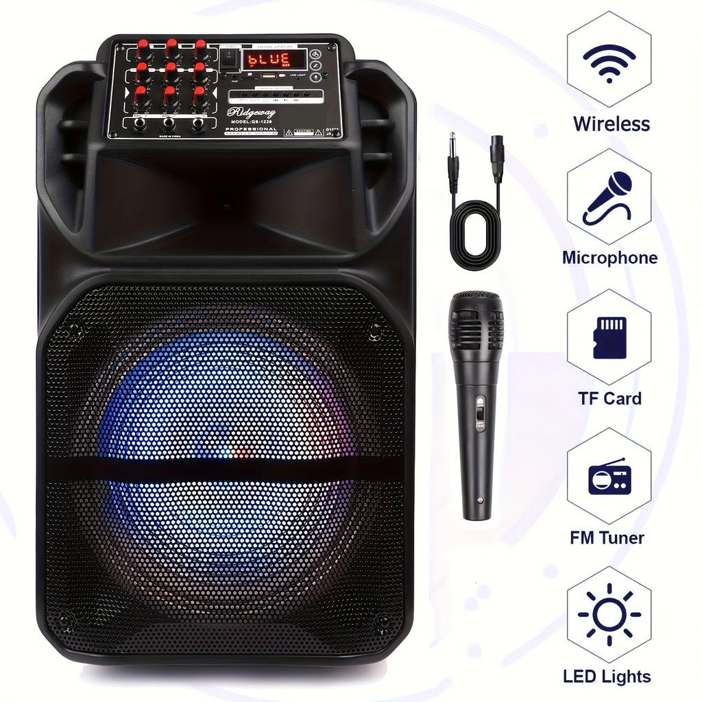 Portable PA Speaker Rolling RGB Karaoke Unit with Wired Microphone, Remote, USB, TF Card and FM Radio