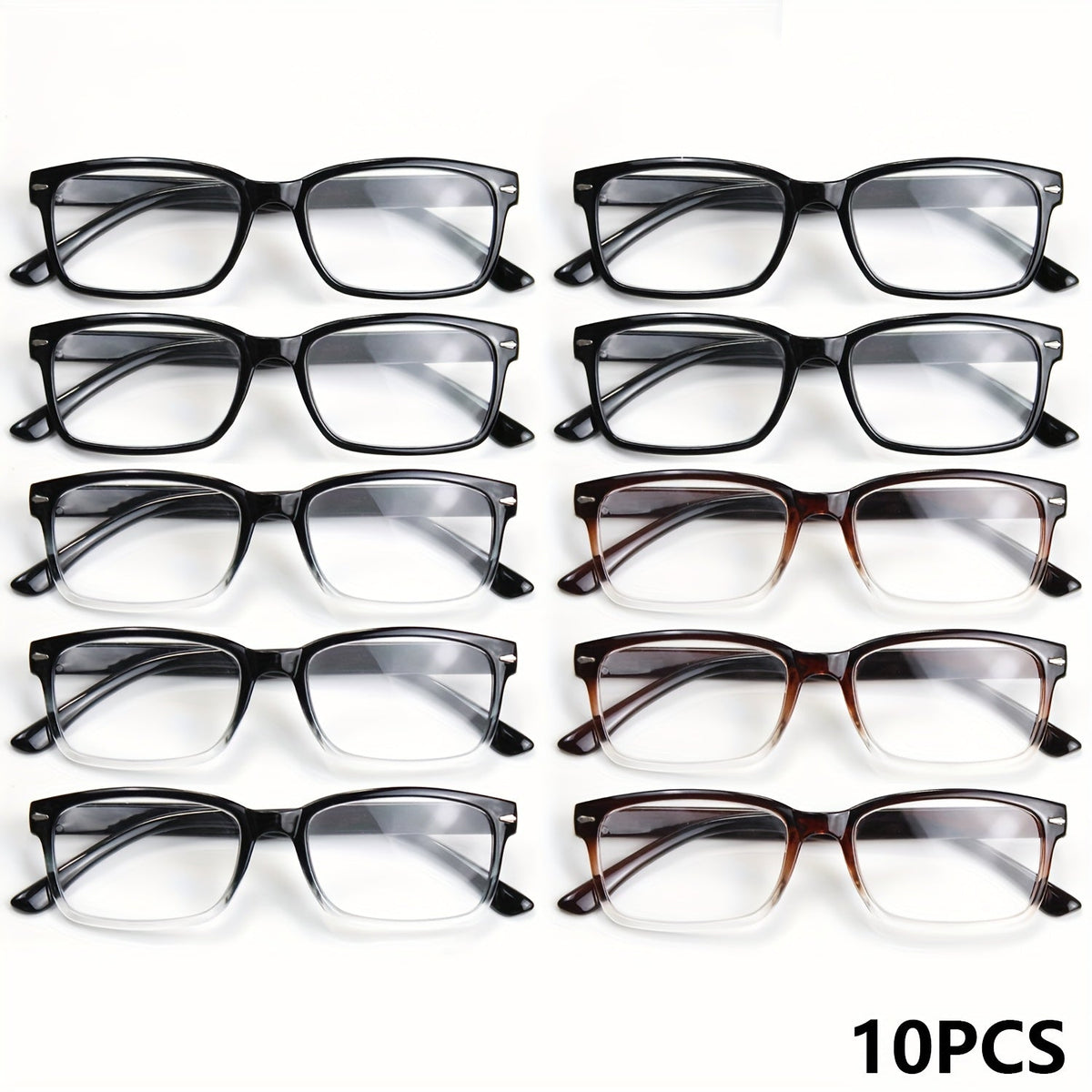 Reading Glasses – Ten-Pair Ultra-Light Square Reader Set in Black and Gradient Browns in Ten-Frame Mix