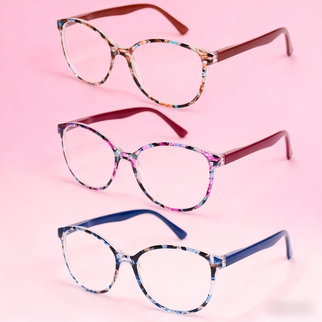 Reading Glasses 3-Pack Oval Floral-Print Frames in Brown, Rose Purple and Blue with +1.00 to +4.00 Options