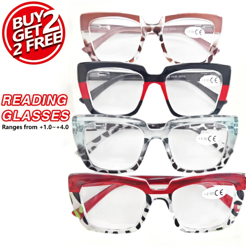 Reading Glasses 4-Pack Large PC Frames with Lens Design, Black and Three Leopard-Print Colors