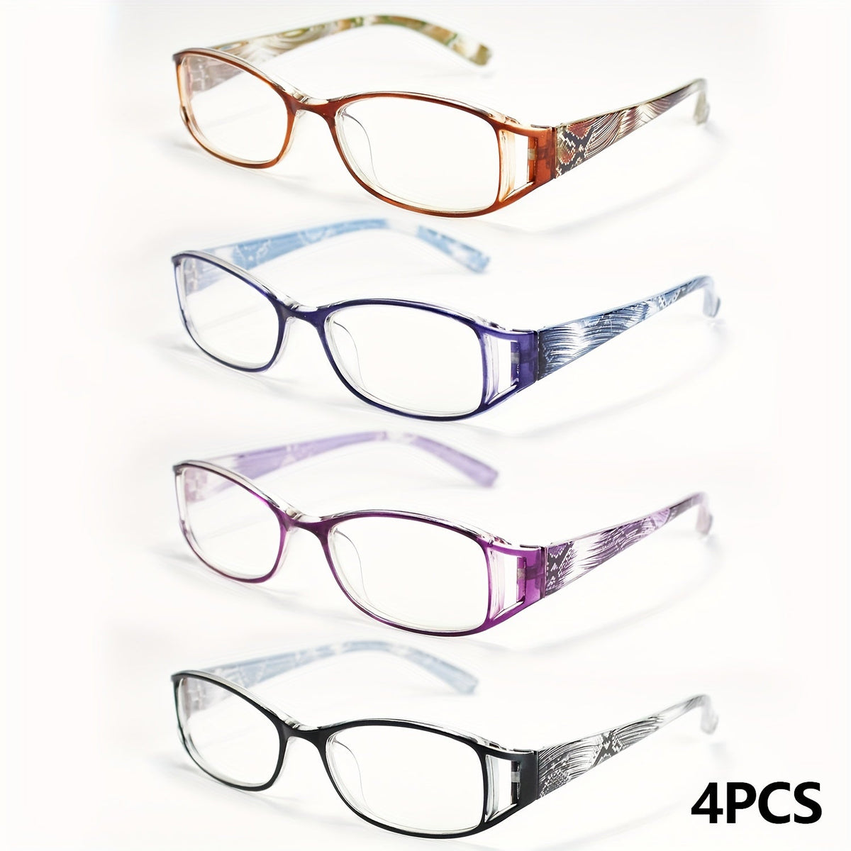 Reading Glasses 4-Pack Rectangular Frames in Brown, Blue, Purple and Black with +1.00 to +4.00 Options
