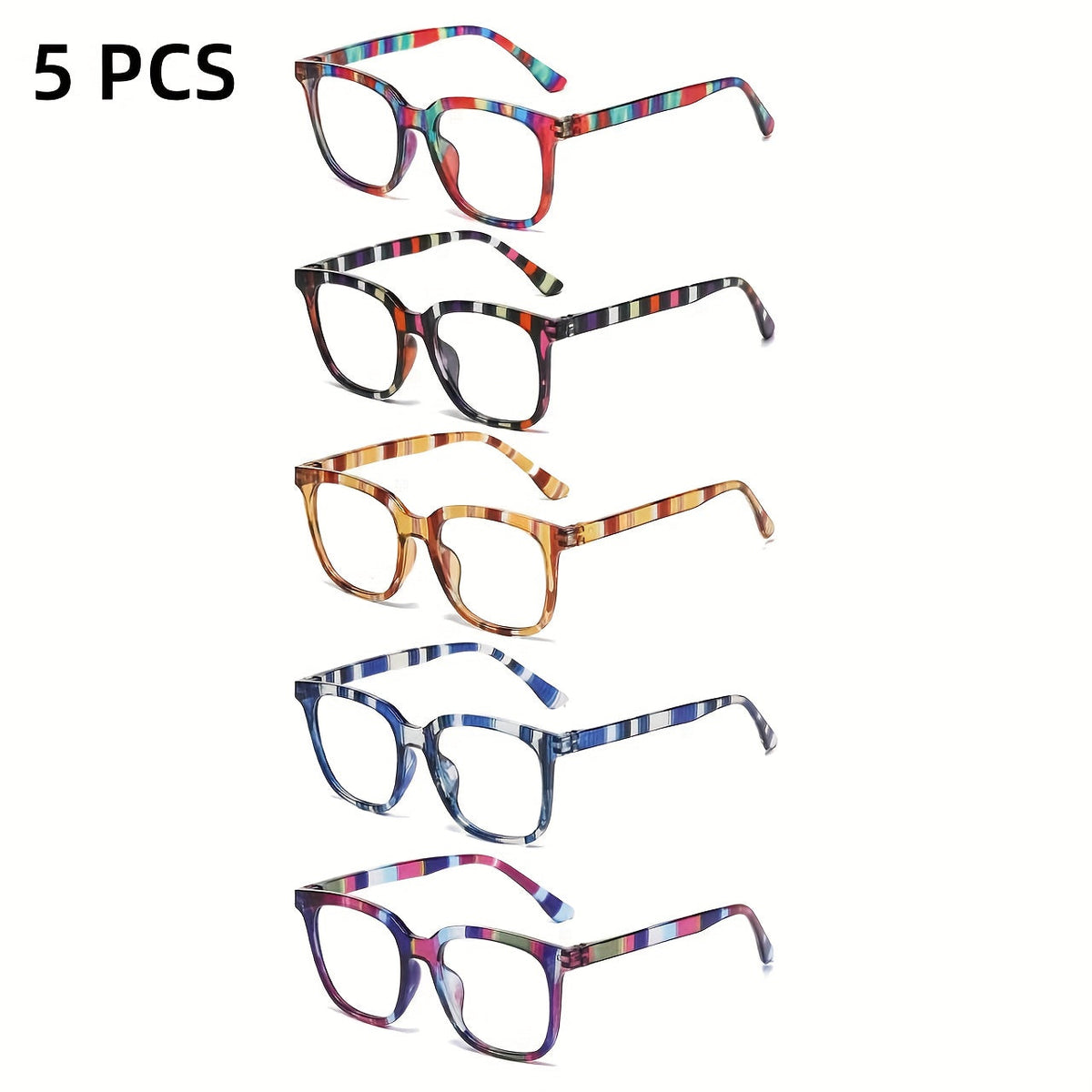 Reading Glasses – Five-Pair Rectangular Reader Set with Color-Block Striped Temple Details