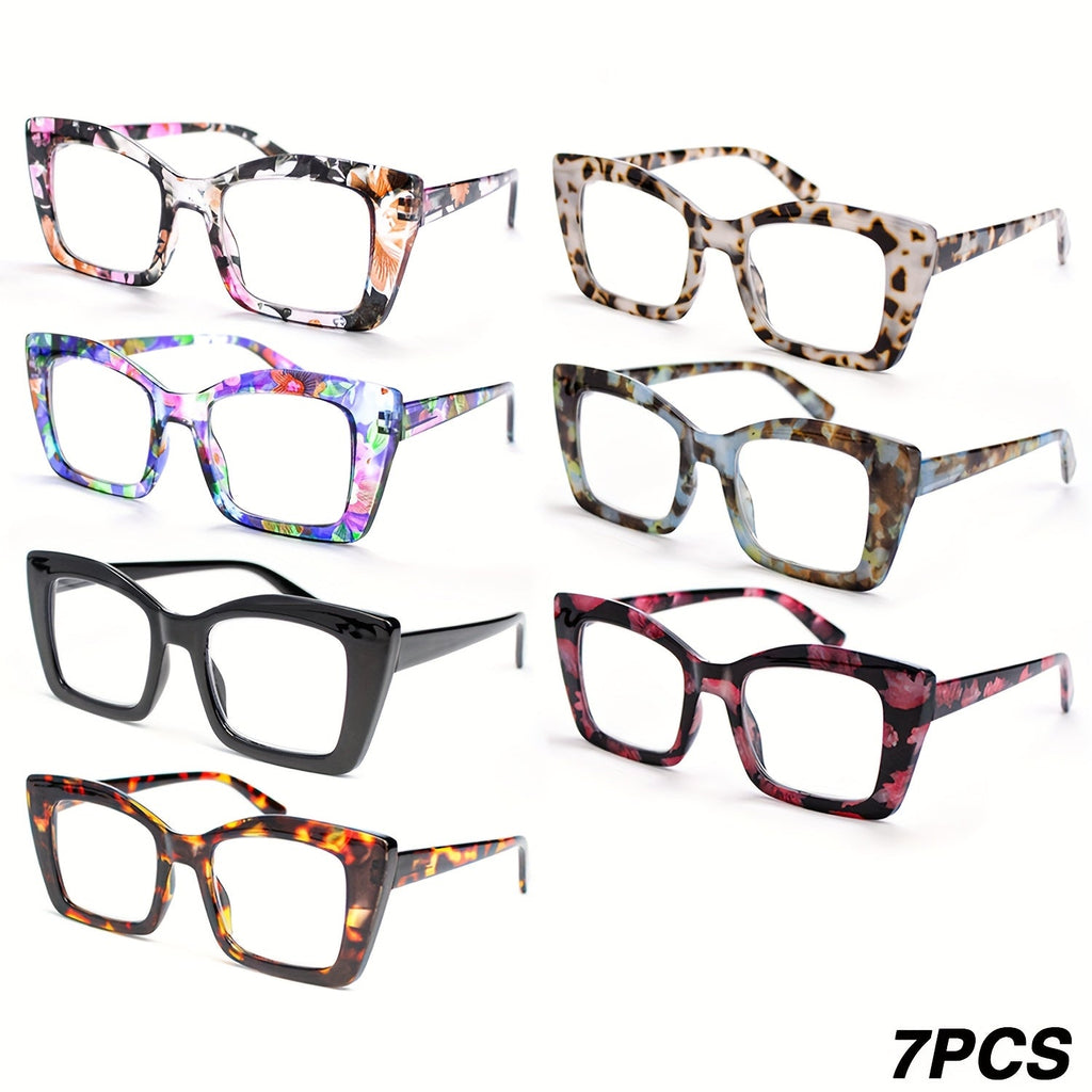Reading Glasses 7-Pack Large Square PC Frames with Alloy Spring Hinges and +1.00 to +4.00 Options