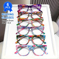 Six-Pair Floral Reading Glasses Set with +0.0 to +4.0 Checkout Strength Labels and Mixed Frames