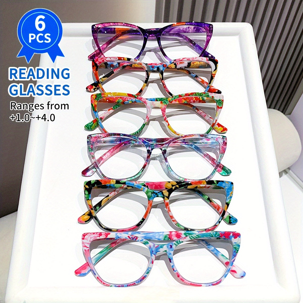Six-Pair Floral Reading Glasses Set with +0.0 to +4.0 Checkout Strength Labels and Mixed Frames