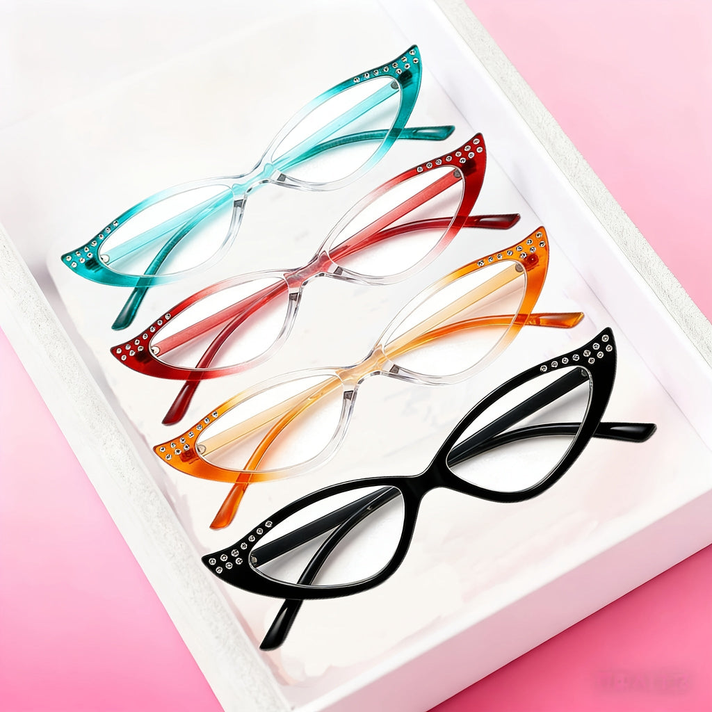 Reading Glasses Photochromic 4-Pack Cat-Eye Frames with Rhinestone Accents, Metal Hinges and Four Gradient Colors