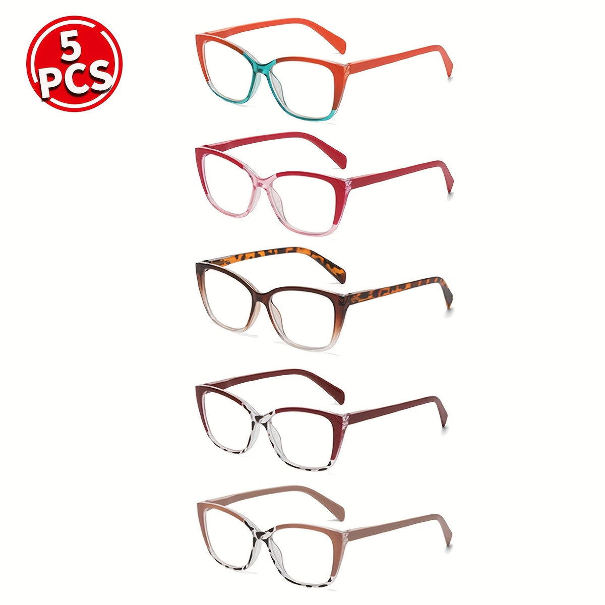 Reading Glasses 5-Pack Cat-Eye Full Frames with Retro Colors and +1.00 to +4.00 Magnification Options