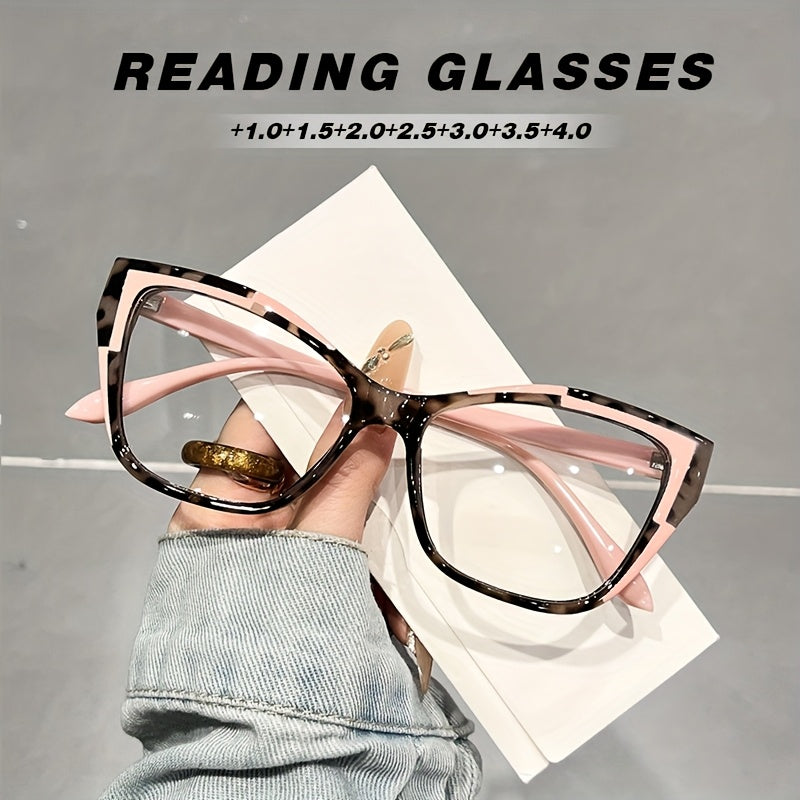 Reading Glasses Cat-Eye Color-Block Frames, Pink/Blue Colors and +1.00 to +4.00 Options for Close-Up Reading Tasks