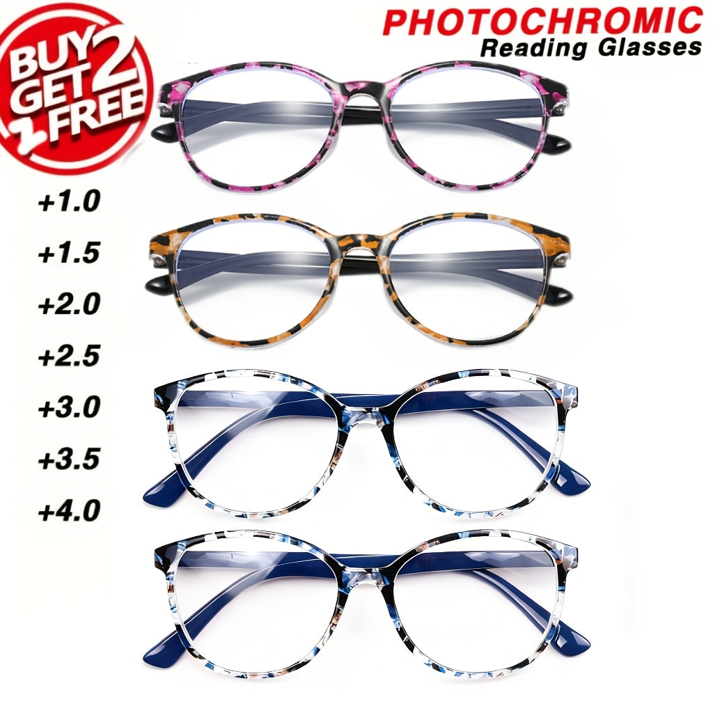Reading Glasses – Four-Pair Printed Square-and-Round Reader Set with Spring Hinges in Four Colors