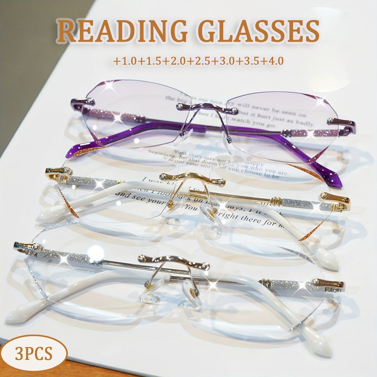 Reading Glasses 3-Pack Rimless Crystal-Edge Frames with PC Lens Design and 1.0x to 4.0x Options