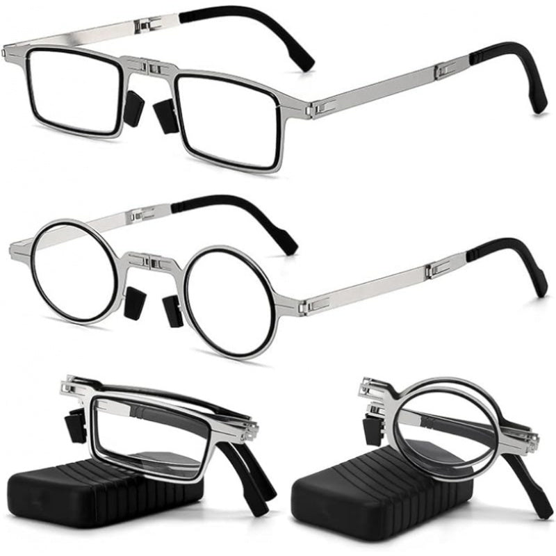 Reading Glasses – Two-Pair Folding Stainless-Steel Reader Set with Case and Strap with Multiple Strength and Color Options
