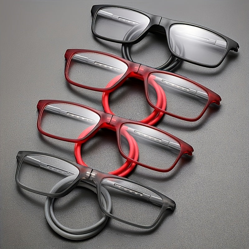 Reading Glasses – Four-Pair Foldable Square Reader Set with Magnetic Neck-Hanging Design in Four Colors