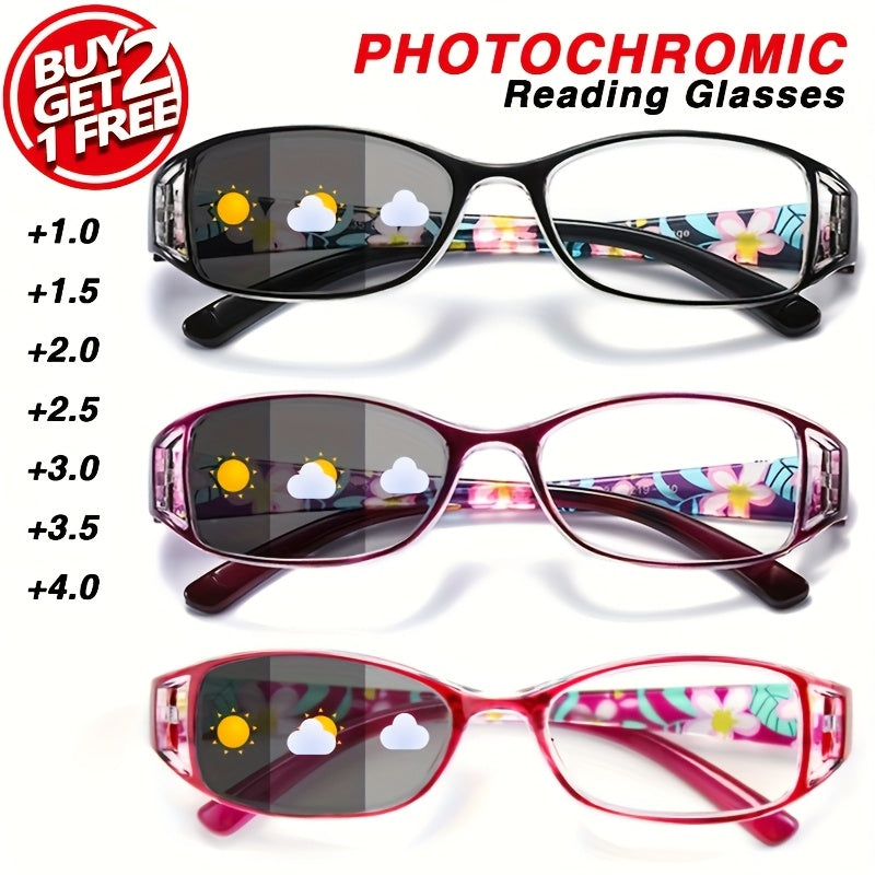 Reading Glasses Photochromic 3-Pack with Floral Frames, Light-Activated Lenses and +1.00 to +4.00 Options