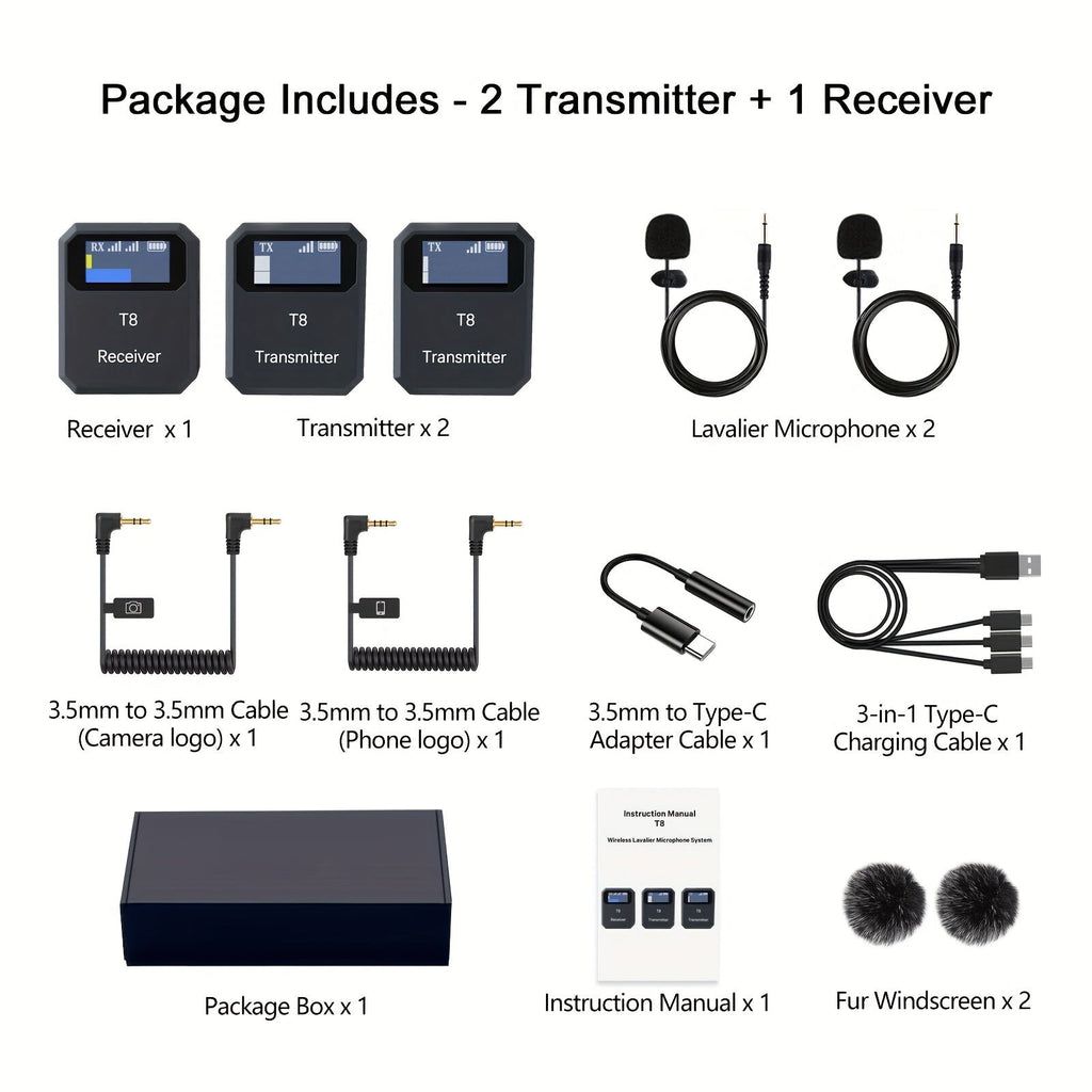Recording Microphone 2.4GHz Lavalier System with 48kHz 24-Bit Audio and One- or Two-Transmitter Kits