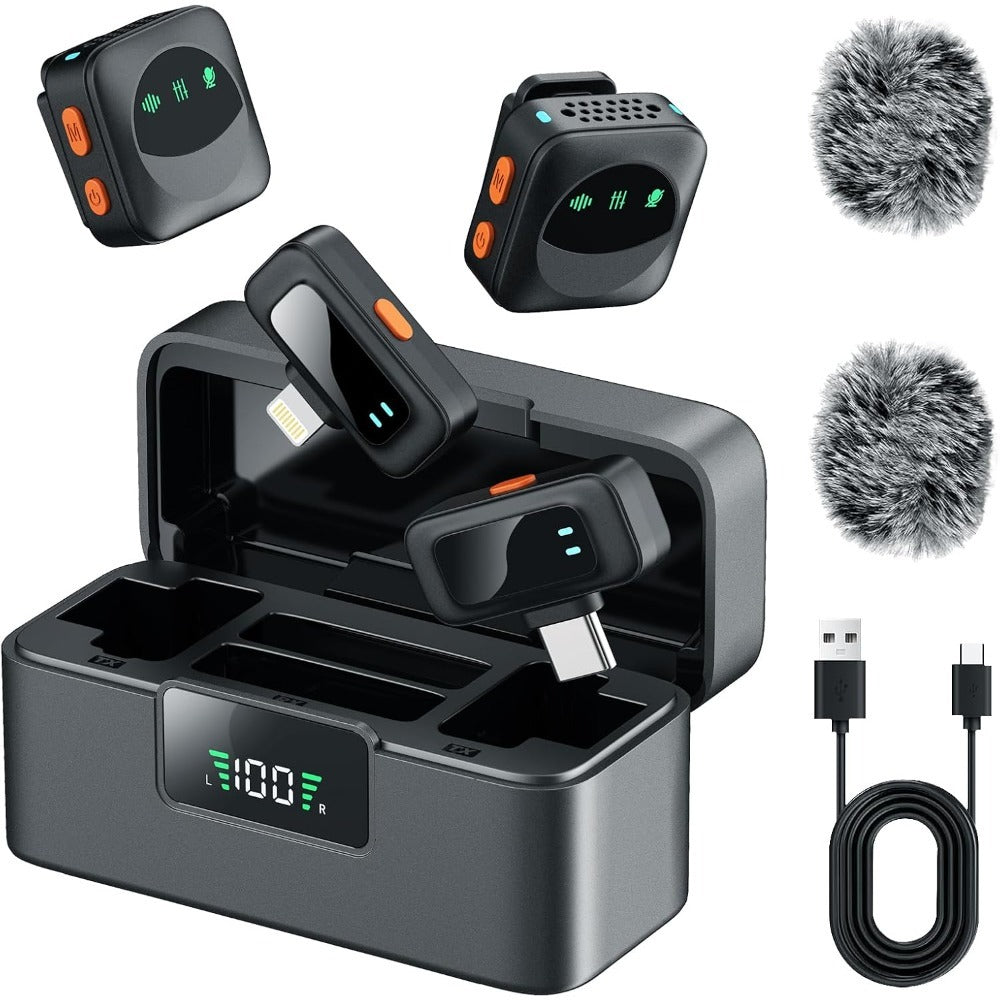 Recording Microphone Dual Mini Wireless Kit with Charging Case, 98ft Range and DSP Noise Reduction
