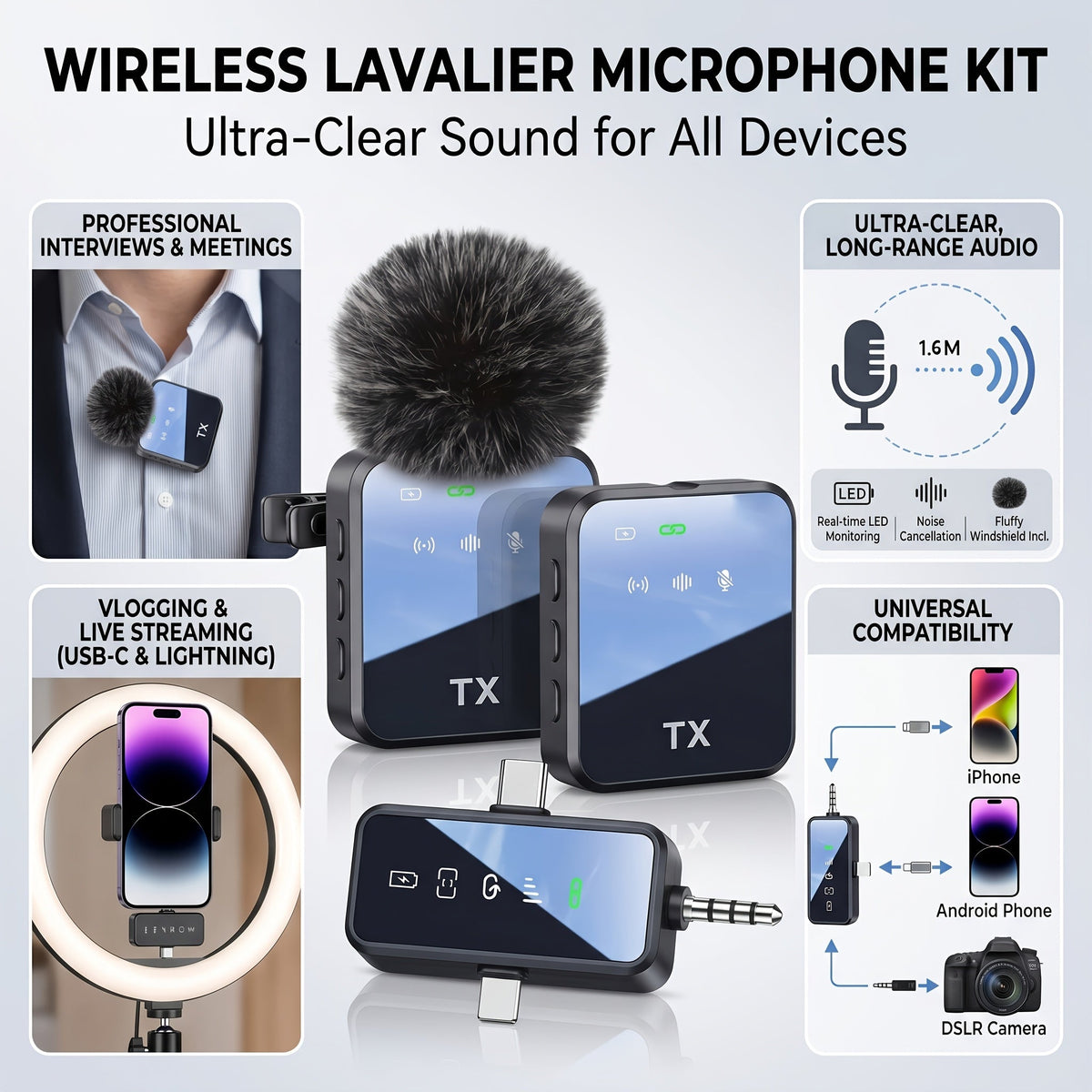 Recording Microphone Dual Wireless Lavalier Kit with Charging Case, DSP Noise Reduction and 328ft Range