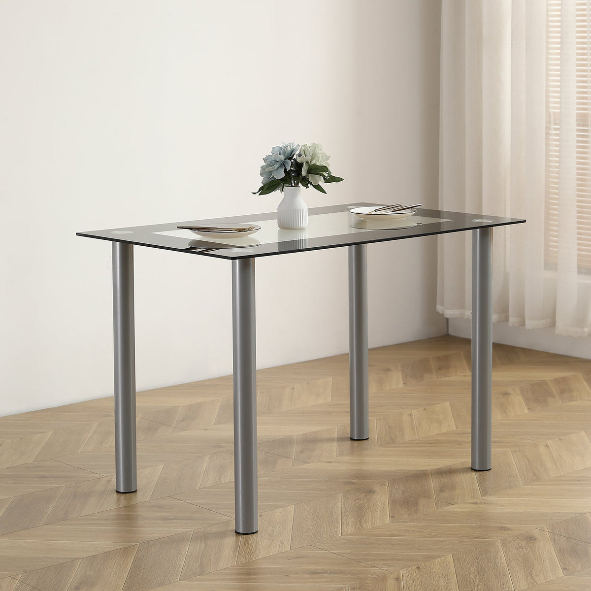Clear Glass Dining Table, 43.3 x 27.6-Inch Rectangular Top with Black Border and Silver-Tone Legs
