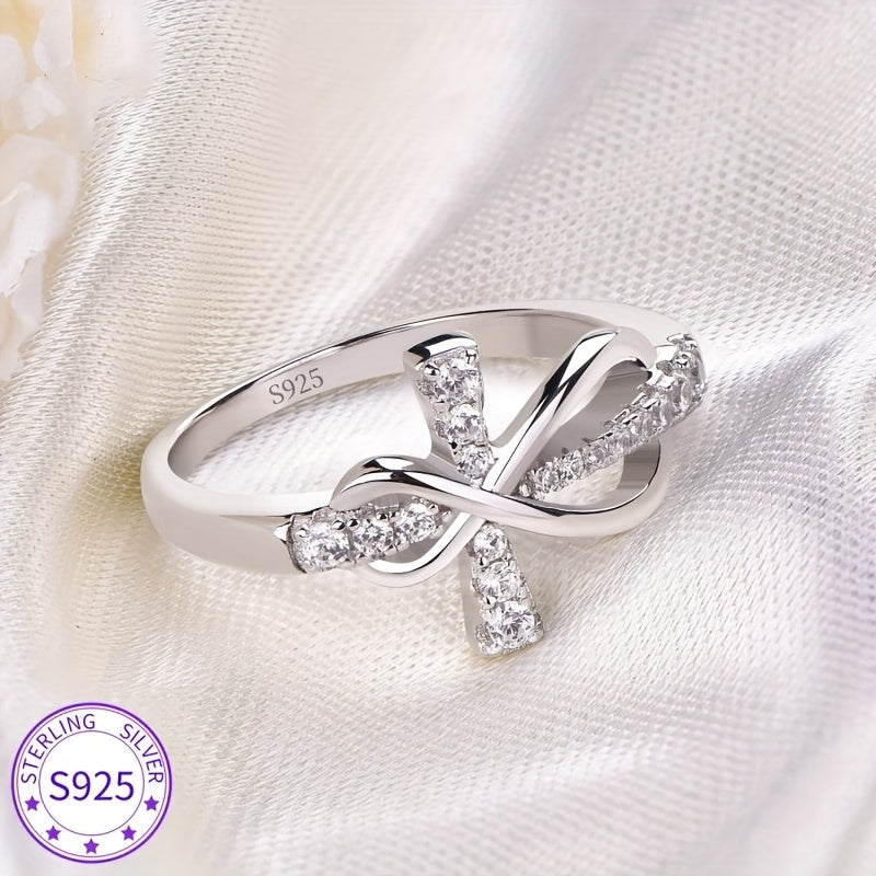 S925 Sterling Silver Ring with Infinity-Cross Openwork, Clear Cubic Zirconia Accents and US Sizes 6–10