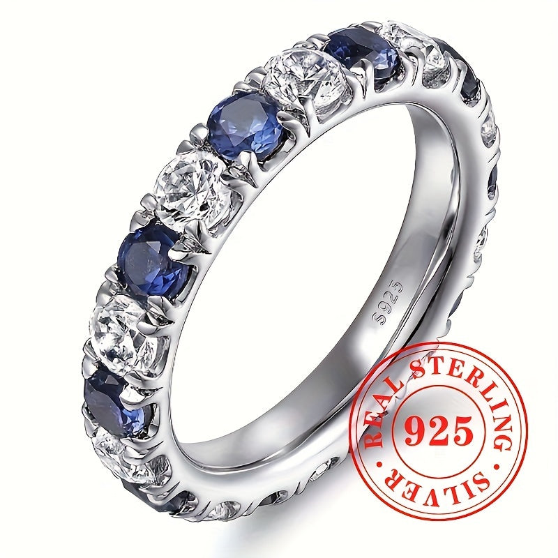 S925 Sterling Silver Ring with Alternating Blue and Clear Zirconia Accents in US Sizes 6–10