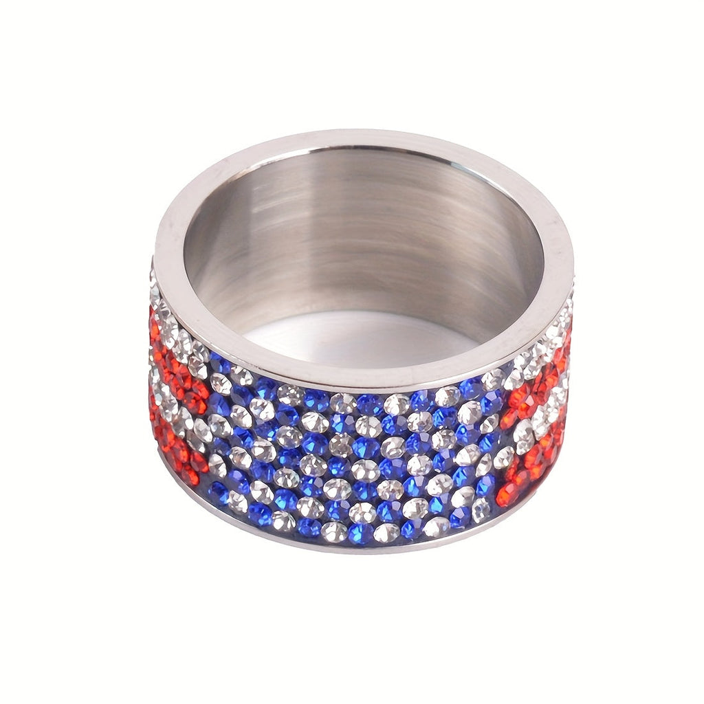 American Flag Rhinestone Band Ring in Stainless-Steel or Golden-Plated Checkout Finishes, Sizes 6-12