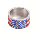 American Flag Rhinestone Band Ring in Stainless-Steel or Golden-Plated Checkout Finishes, Sizes 6-12