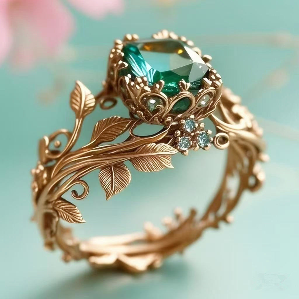 Leaf and Vine Ring with Green Oval Center, Clear Accents and Antique Golden, Gun Black or Silvery Finishes