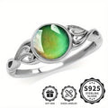 S925 Sterling Silver Mood Ring with Round Color-Changing Center, Scroll Shoulders and US Sizes 6–9