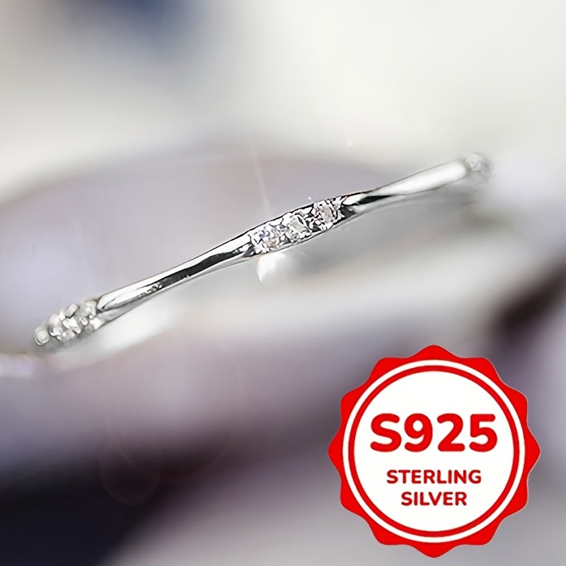 Slim Silver-Tone Wave Ring with Clear Stone Accents and Five Checkout Sizes from 6 through 10