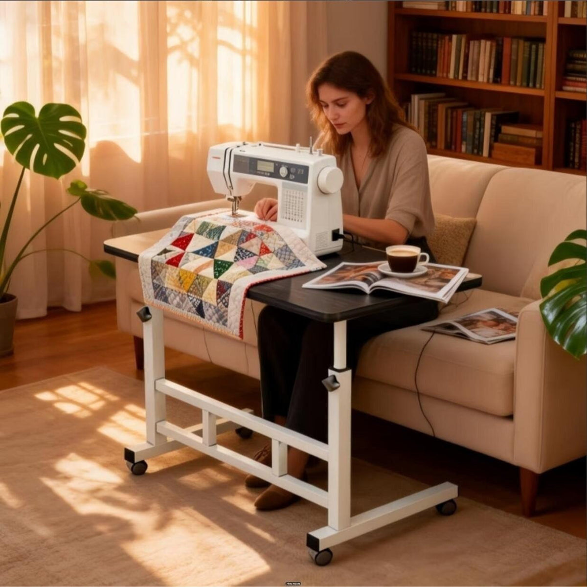 Adjustable Side Table shown in the Black - Iron Frame - [Storage Divided, Portable and Mobile], 48 pieces: single layer