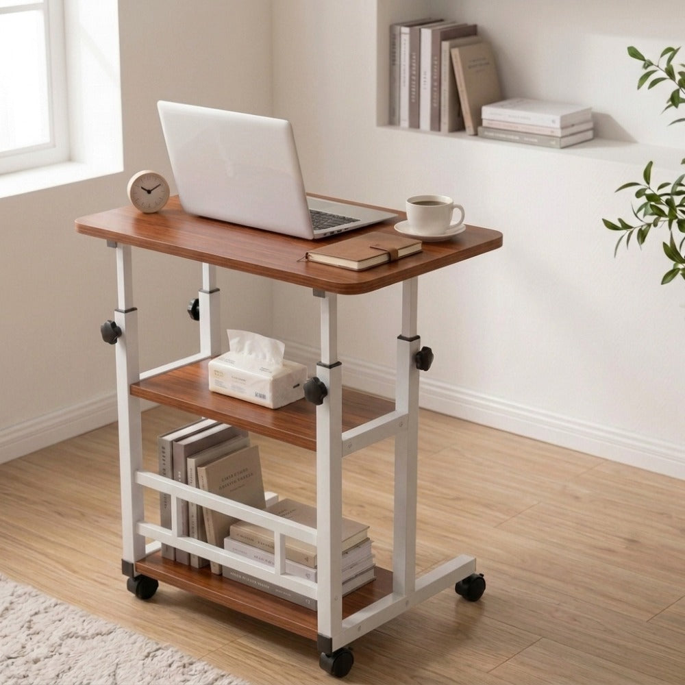 Height-Adjustable Rolling Computer Desk with 60 x 40 cm Top, 63 to 90 cm Range and One- or Three-Layer Shelves