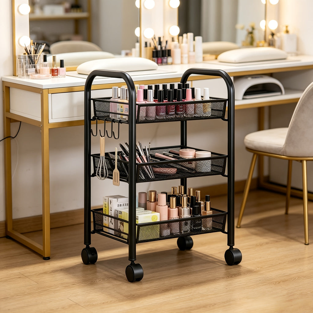 Rolling Metal Kitchen Storage Cart with Adjustable Height and Rolling Wheels