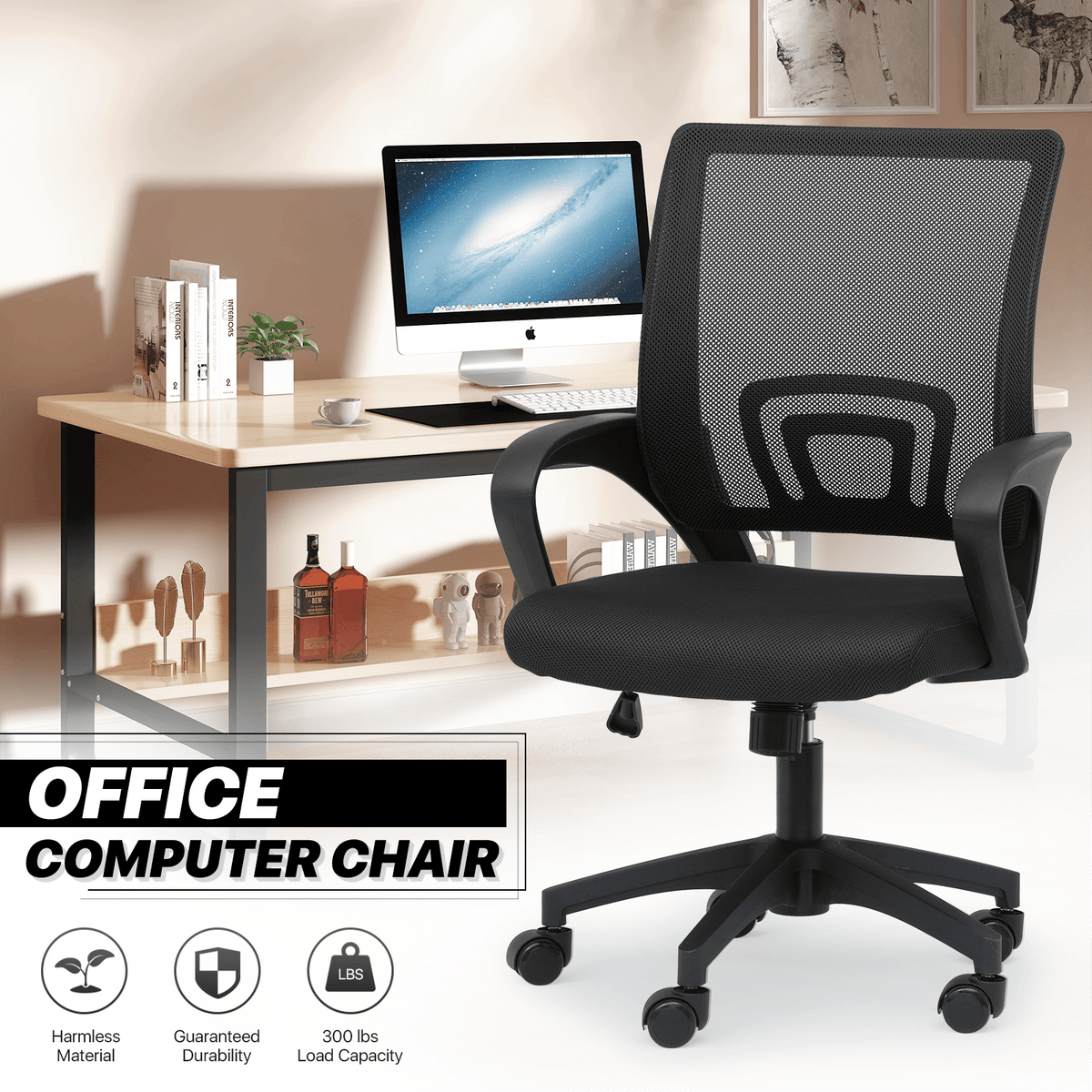 Office Chair Mid-Back Mesh Design with 3-Inch Sponge Seat, Tilt-Tension Control and Color or Bulk-Pack Options