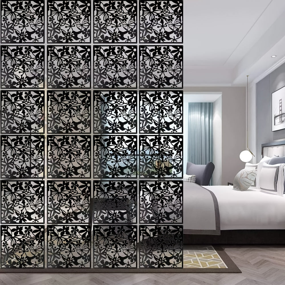 Hanging Room Divider with 40cm Floral-and-Butterfly PVC Panels in Black or White 12- or 24-Piece Sets