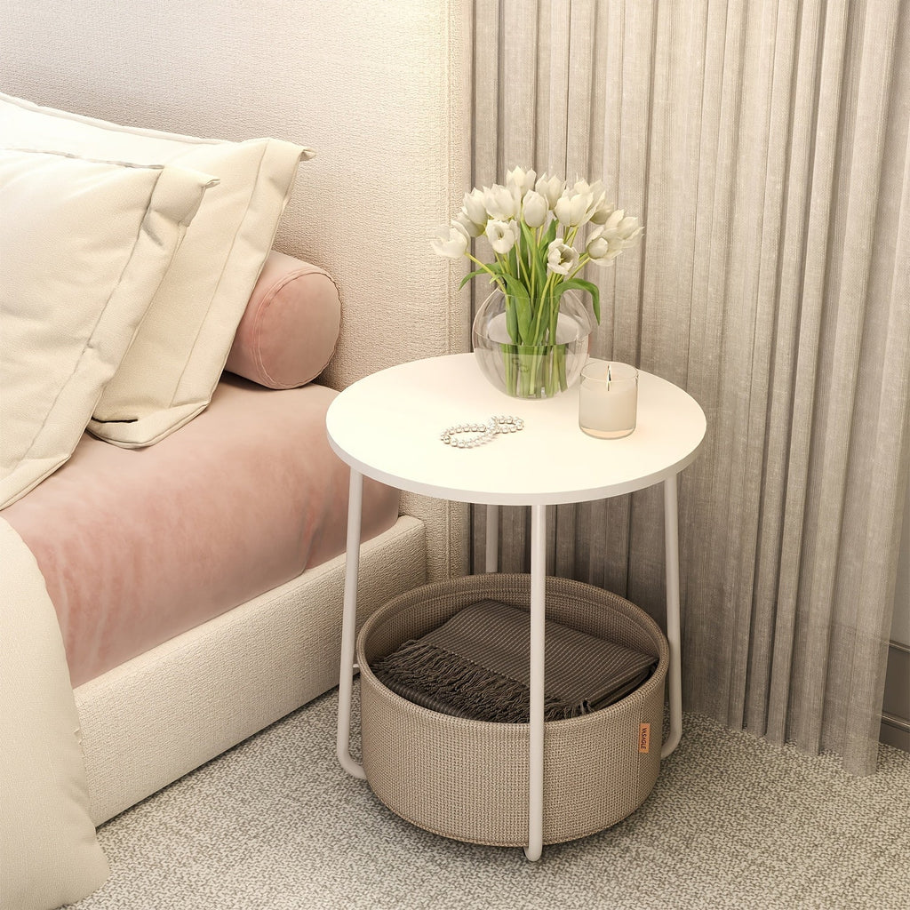 Side Table Round Glass Top with Removable Fabric Basket and Six Color Combinations for Small Spaces
