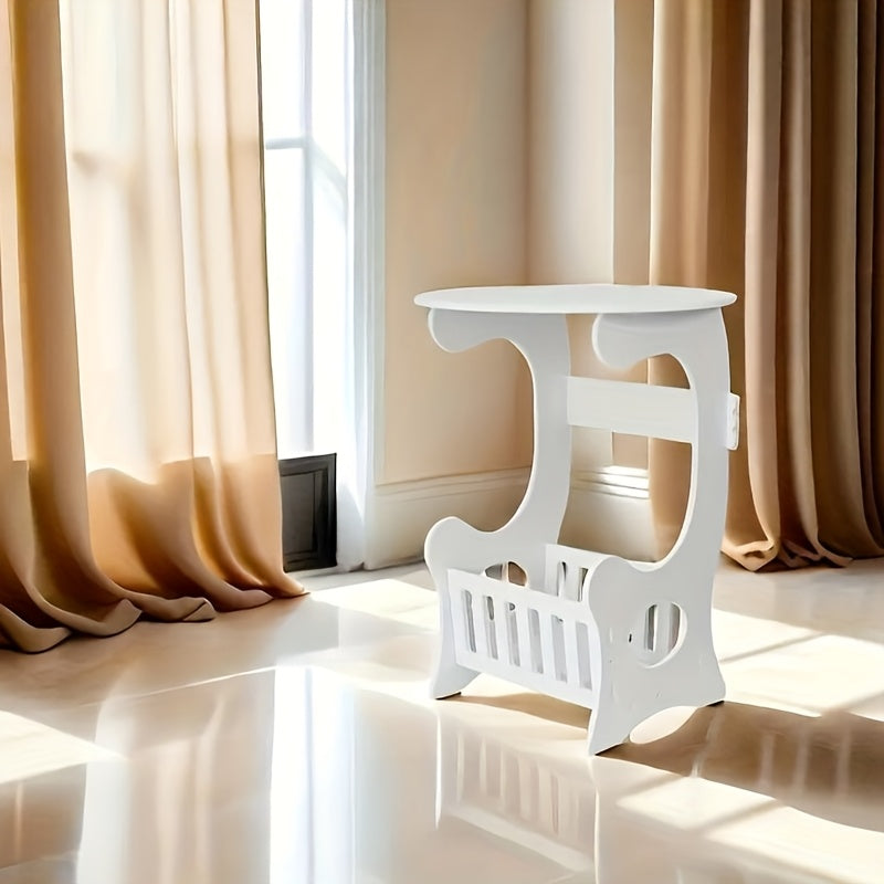 Nightstand Round-Top Plastic Side Table with Tiered Shelves, Magazine Rack and Compact White Design
