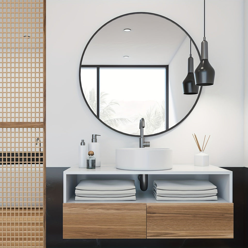 Round Metal-Framed Wall Mirror in Black or Gold with Five Diameter Options from 20 to 36 Inches
