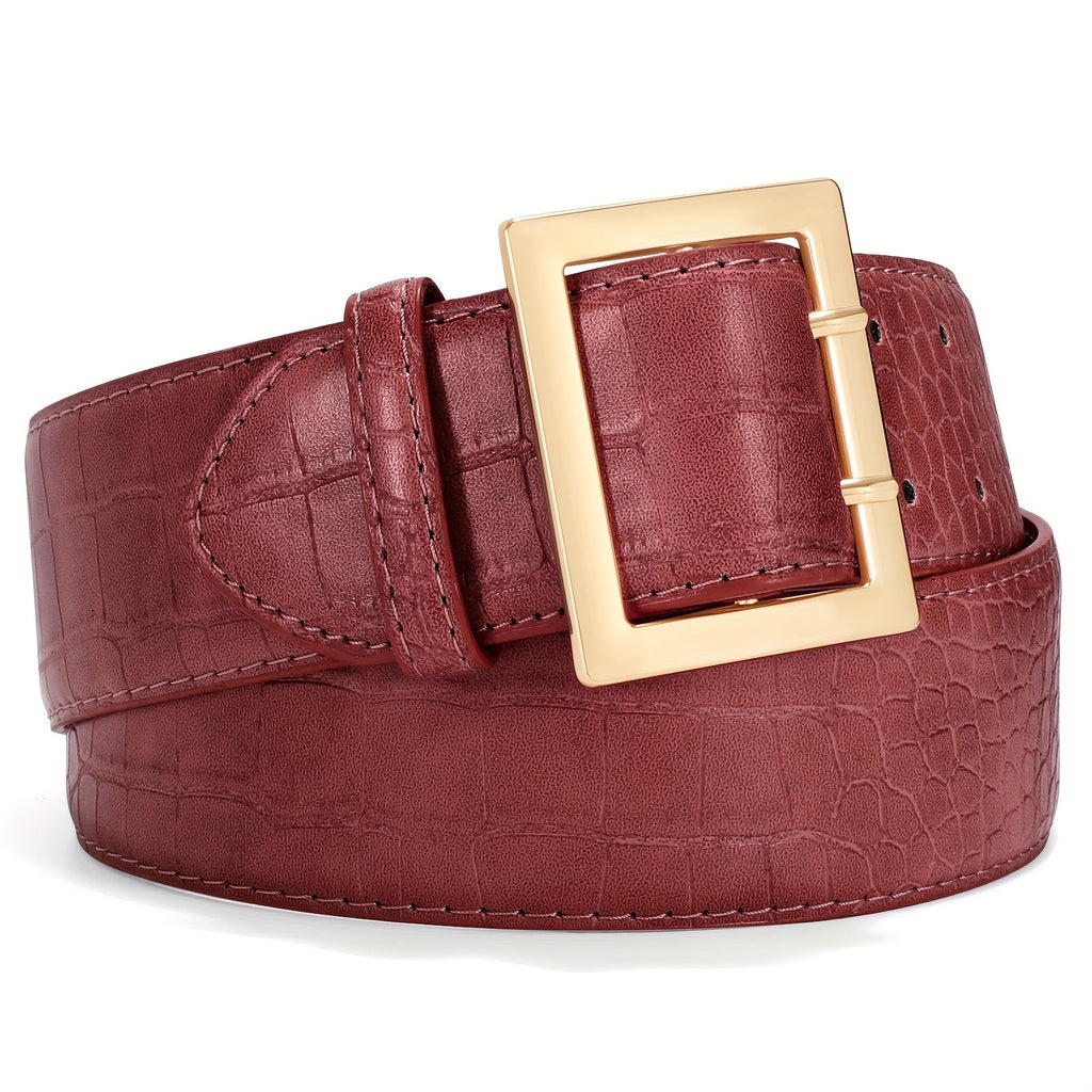 Crocodile-Pattern Women's Wide Belt with Rectangular Buckle in Solid or Leopard Styles and Four Sizes