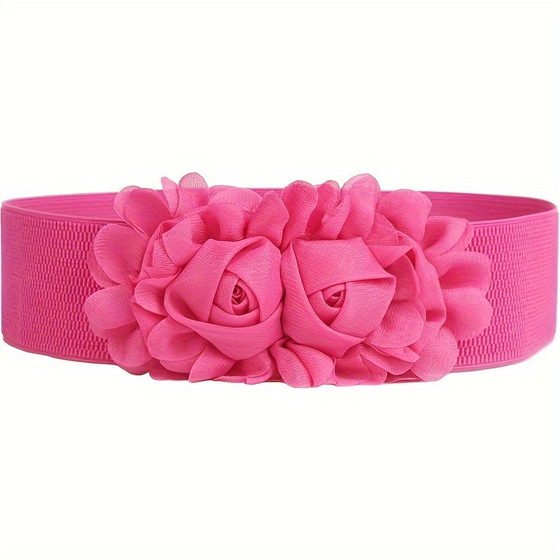 Pink Elastic Women's Waist Belt with Three Rose Flowers, Stretch Band and One-Size Design for Dresses and Skirts