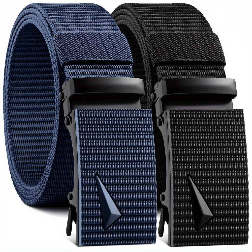 Men's Belt 2-Pack Woven Nylon Slide Buckle Set in Black and Blue with 49.21-Inch Length and No-Hole Adjustment
