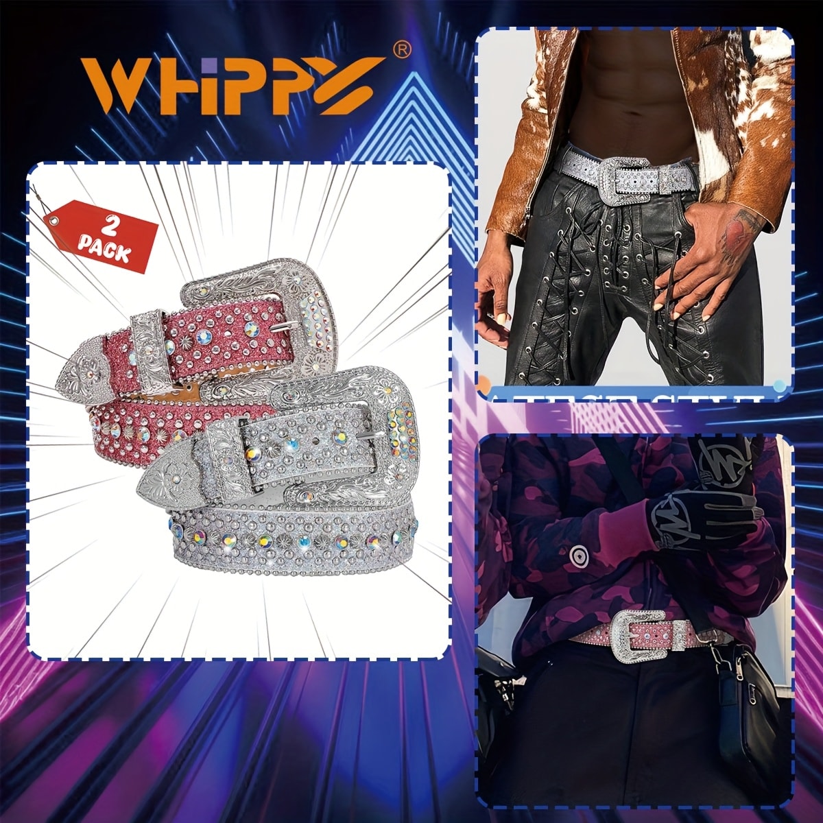 Men's Belt - Rhinestone Bling Waist Chain Body Chain for Women Sparkling Crystal Sequin - product detail view 39